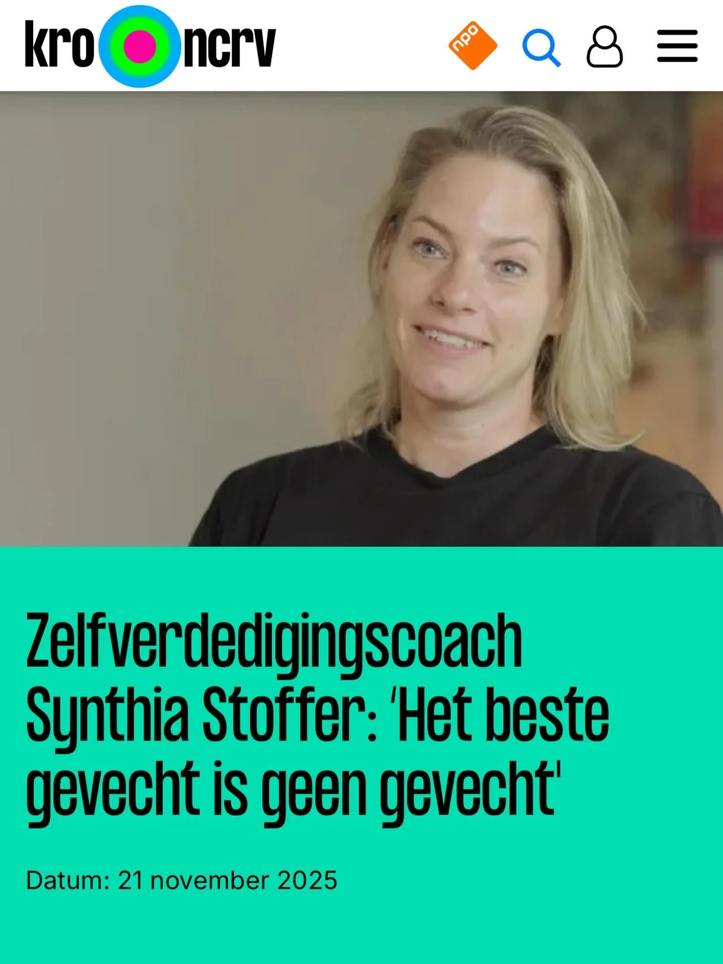 Voor Synthia Stoffer begint zelfverdediging in je hoofd, niet met je handen. Toch moeten vrouwen zich leren verdedigen. Ze vertelt waarom het voor vrouwen belangrijk is om hun kracht te gebruiken, maar ook te luisteren naar hun intu&iuml;tie. &lsquo;