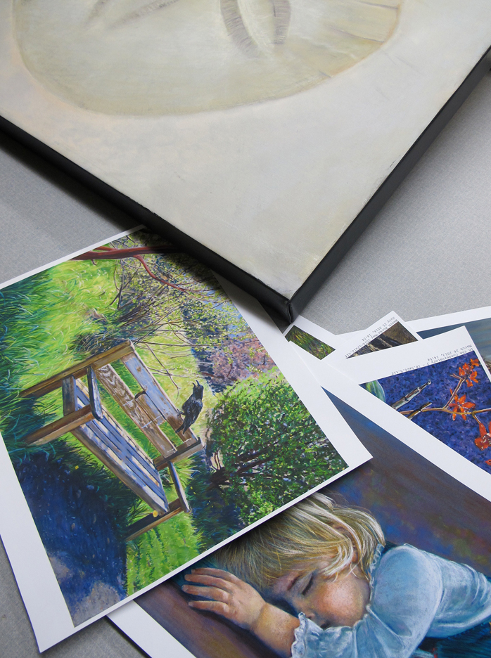 Giclée on stretched canvas. Proofs on paper used to check color accuracy of giclée reproductions to original art.