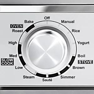 11 Micro-processor Controlled Programs Access any of the 11 cooking options with the dial on the left: Bake, Roast, Slow Cook (on Low, Medium, or High), Steam, Sauté, Simmer, Brown, Boil, Yogurt, Rice, and Manual.