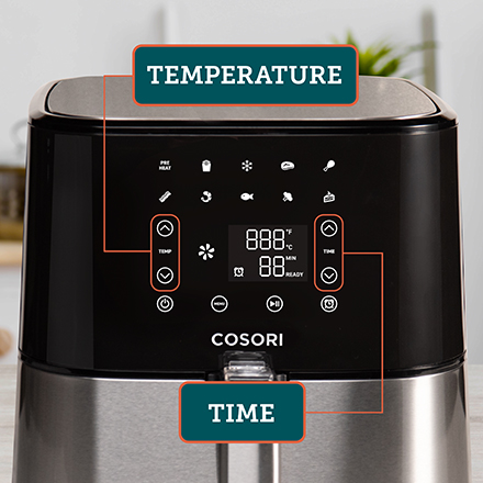 Adjustable Time & Temperature Customizable for every dish, the air fryer features separate buttons for time and temperature.