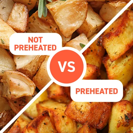 Preheating Perks You won’t find a preheating option in many other air fryers. Preheating visibly improves food texture and takes 2–5 minutes!