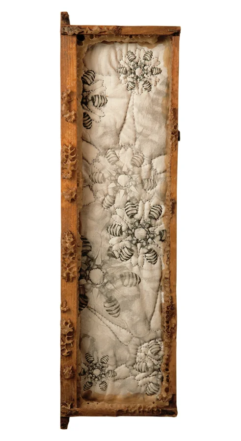 Taste This Minute (floral) Digitally printed linen, hand embroidery, beeswax, used bee frame 2009