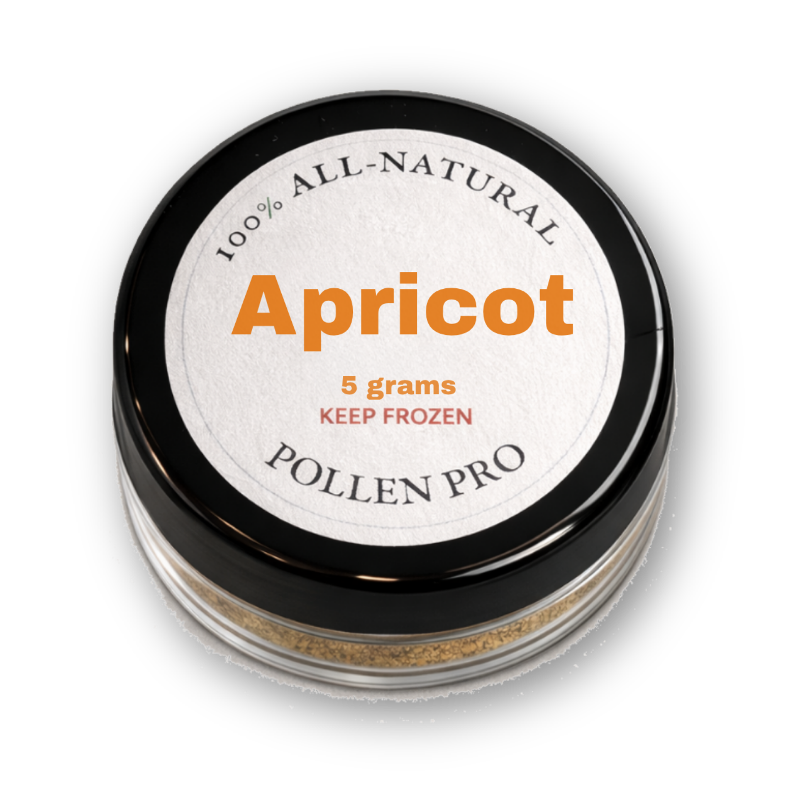 A round black container with a white label reading '100% All-Natural Apricot, 5 grams, Keep Frozen, Pollen Pro'.