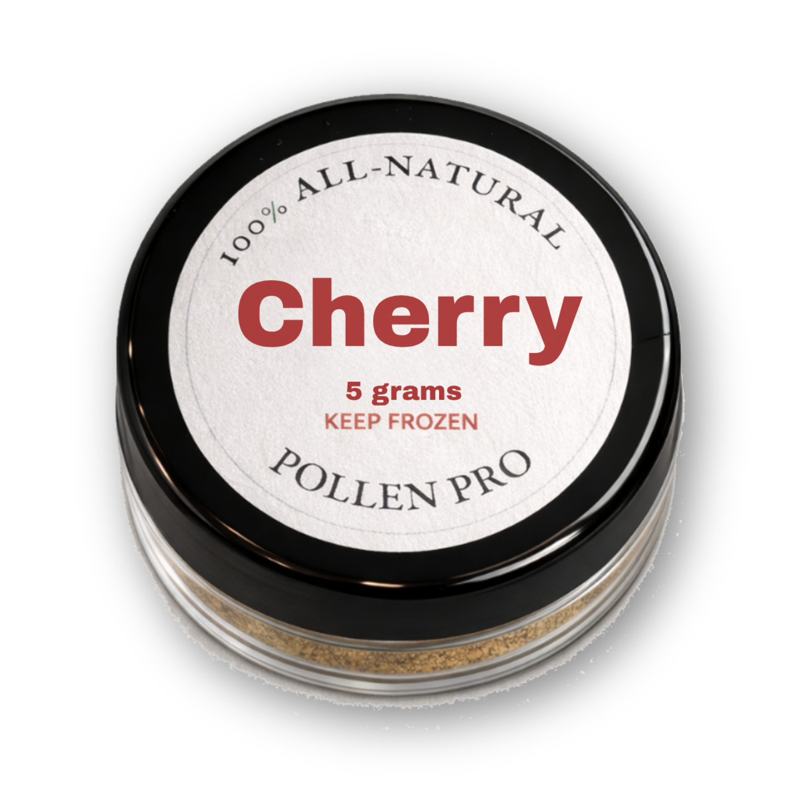 A container of all-natural frozen cherry pollen, 5 grams, with a black lid and a label indicating it is 100% all-natural and to keep frozen.