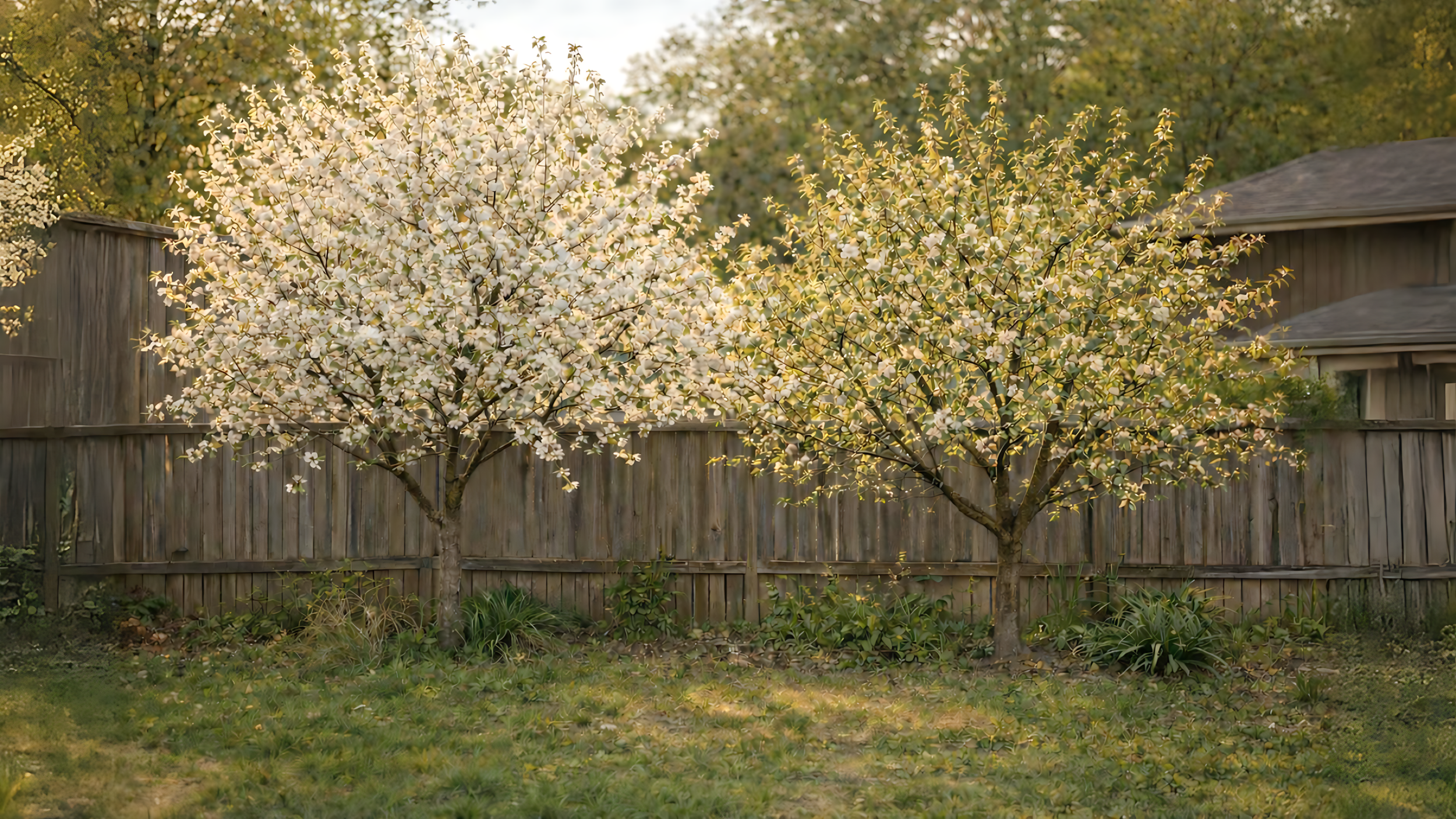 Two blooming trees with white flowers in a backyard, with a wooden fence and house in the background and green grass in the foreground.