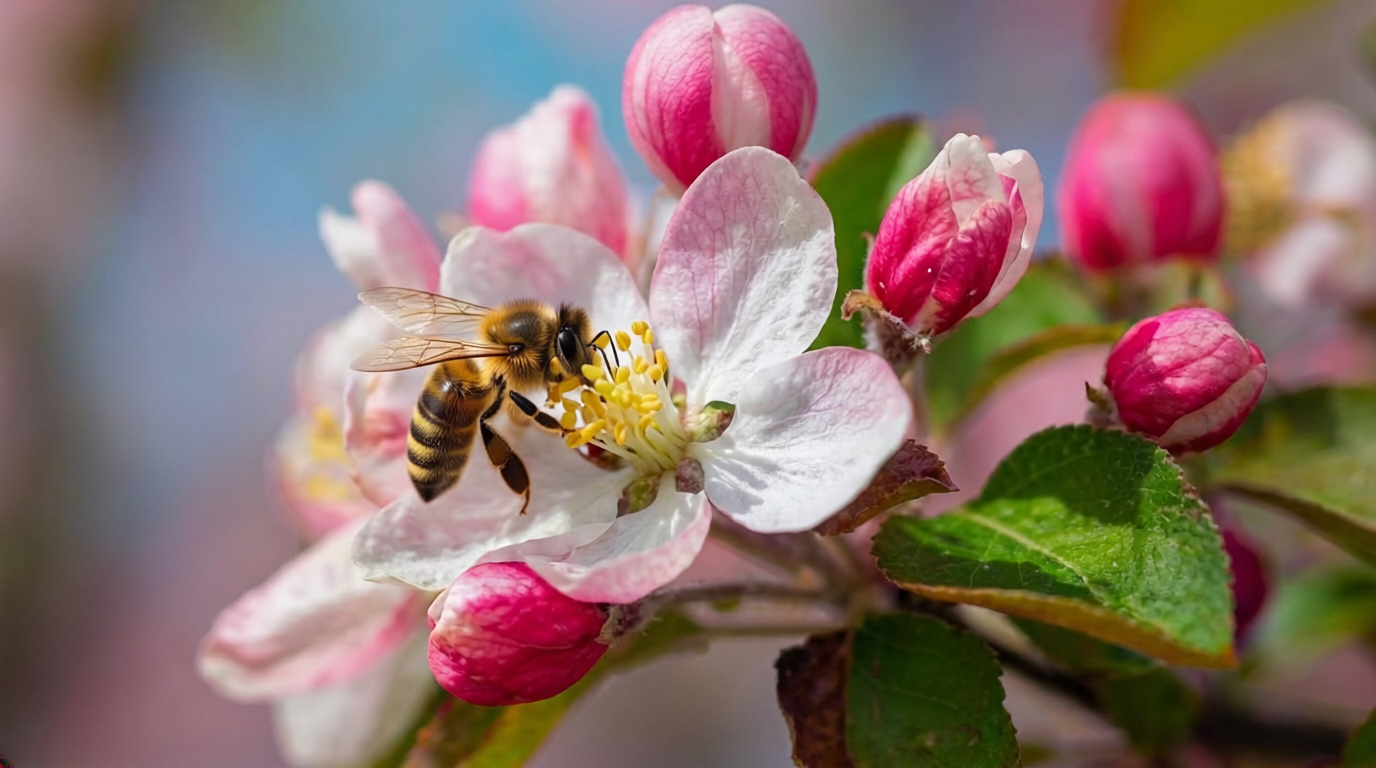 Honeybee pollinating an apple blossom during spring bloom.