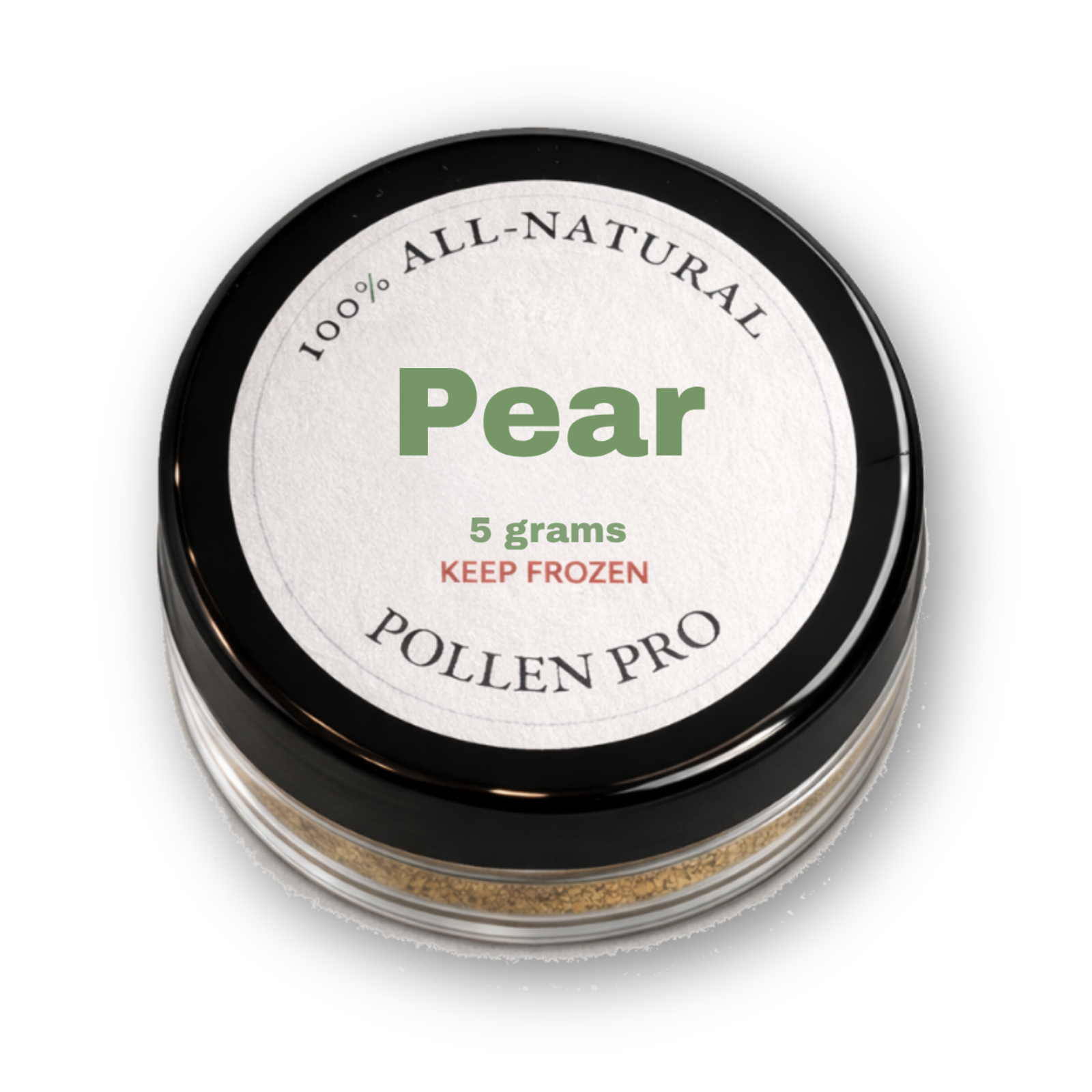 A round black container of all-natural frozen pear, 5 grams, from Pollen Pro, with a white label and green and red text.