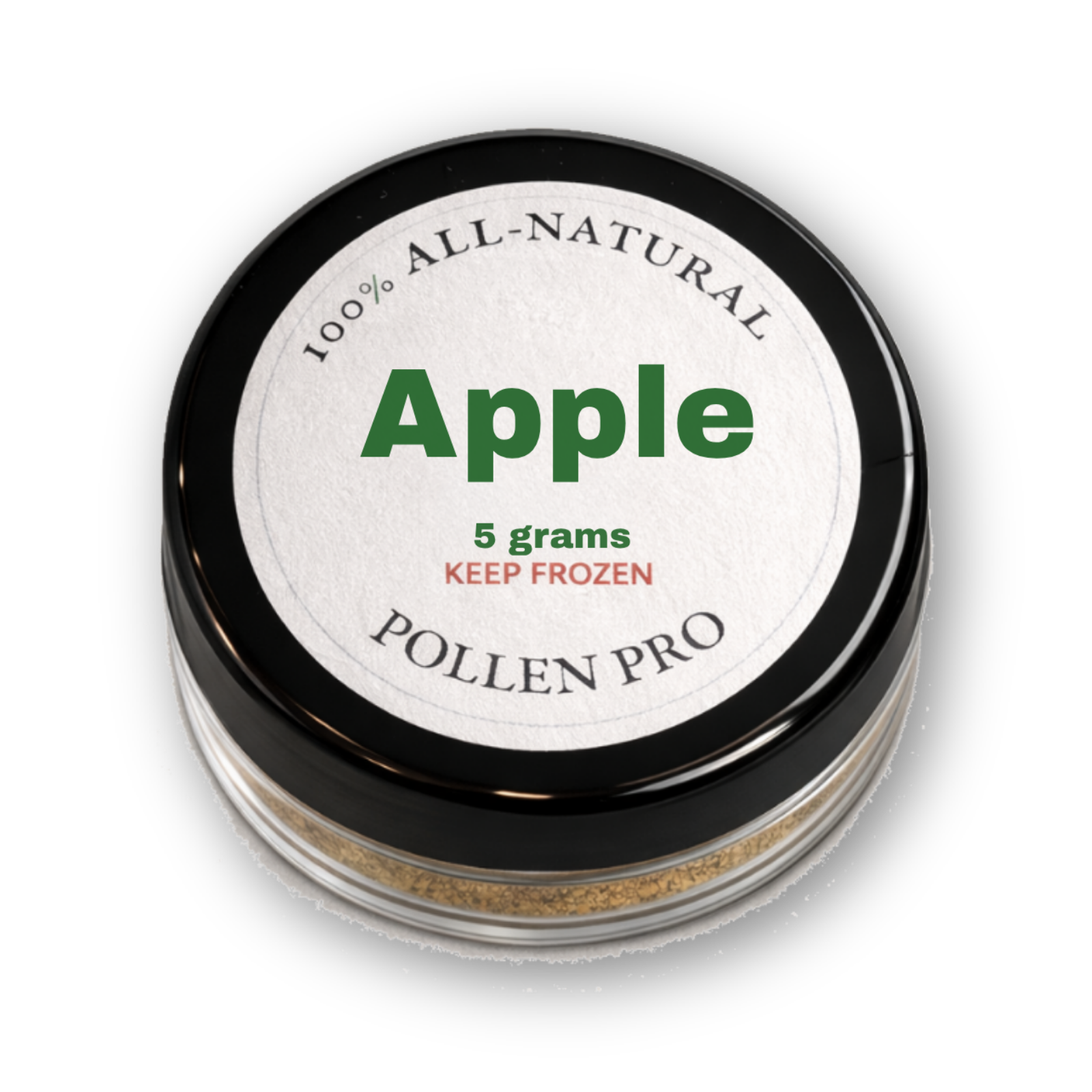 Top view of a container labeled '100% All-Natural Apple' with details '5 grams, Keep Frozen, Pollen Pro' on a black background.