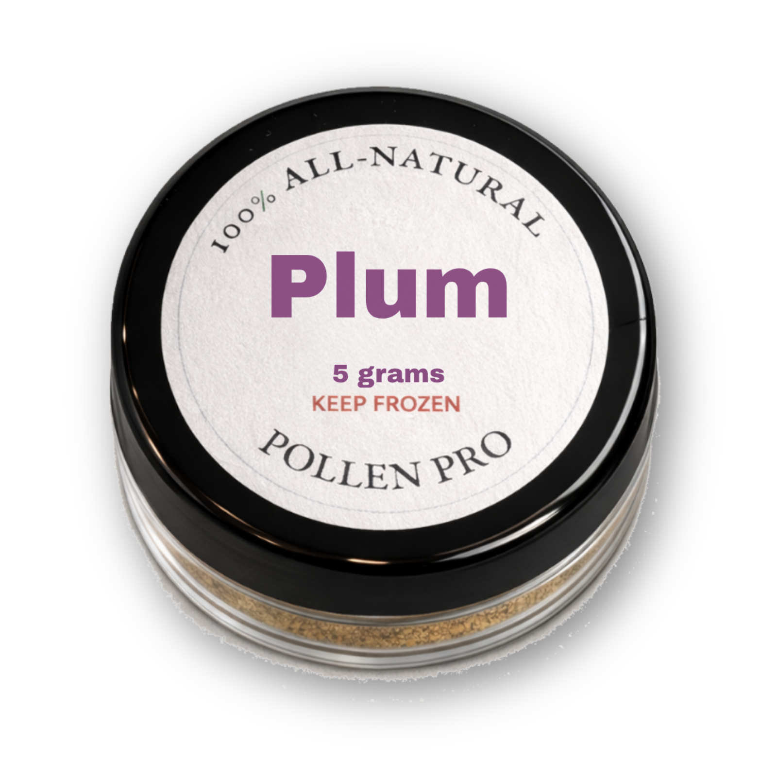 A jar of all-natural frozen plum with a white label indicating 5 grams, keep frozen, produced by Pollen Pro.