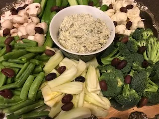 Green and white crudité with store-bought spinach and artichoke dip...