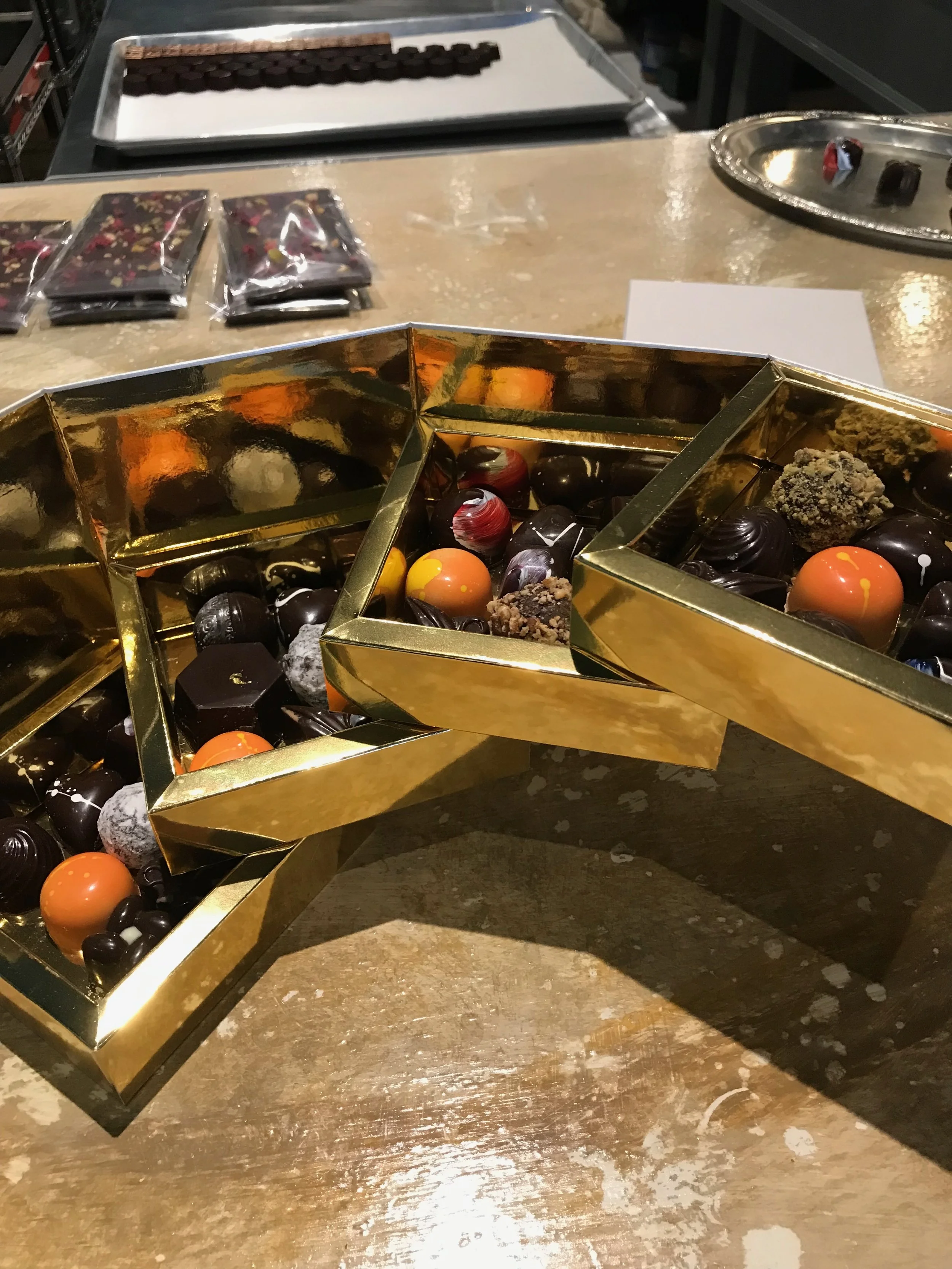 Much of Chocolat Abeille's packaging, like this pretty nesting box, is imported from France.