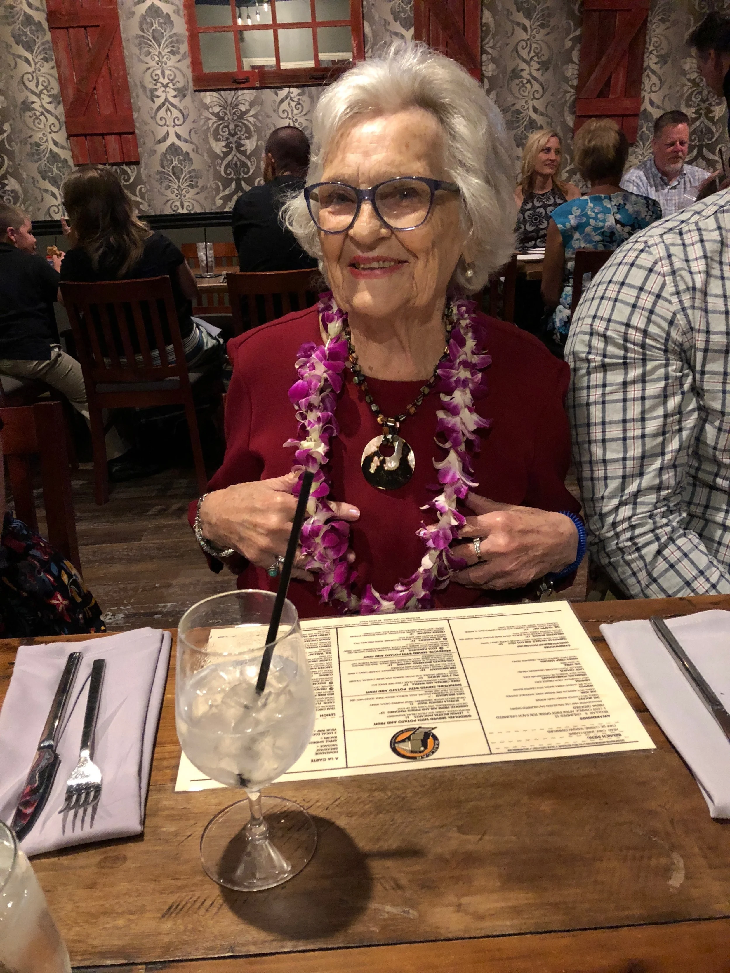 I saved my fresh flower lei from the Boys and Girls Club luau in the fridge and kept misting it so that my mom could wear it to her birthday brunch.