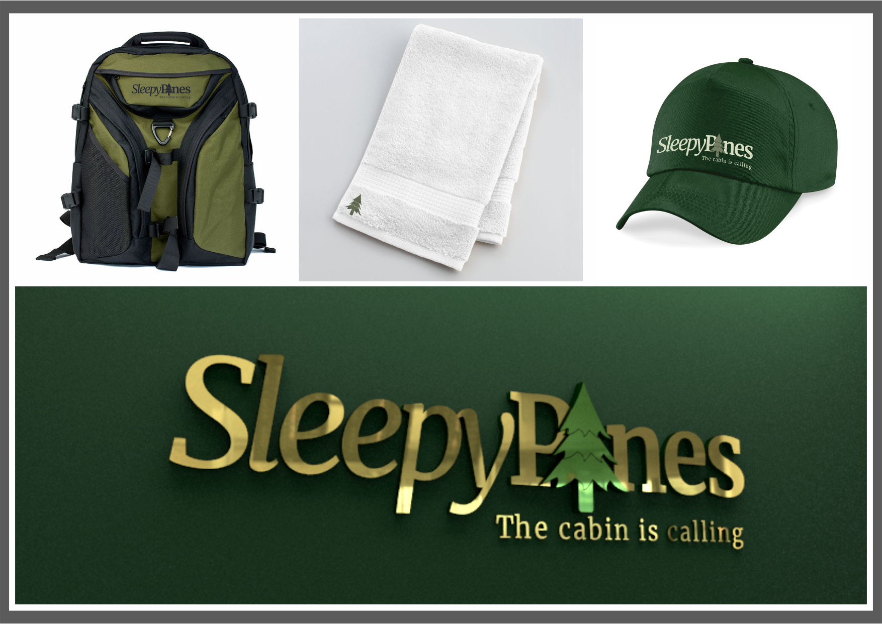 Branded Gifts & Logo Identity / Sleepy Pines Their Story: The Pennsylvania Great Outdoors is a wonderful place to experience the beauty and nature that makes this region a great place to be. Sleepy Pines Cabin is one such place. A lovely weekend retreat nestled in the heart of majestic pine trees. Rugged and rustic are the perfect words to define Sleepy Pines, both in how it looks and how it's furnished. Our logo design and branded promotional items embrace the cozy backwoodsiness yet simple sophistication of this enchanting pine and cedar cabin getaway.