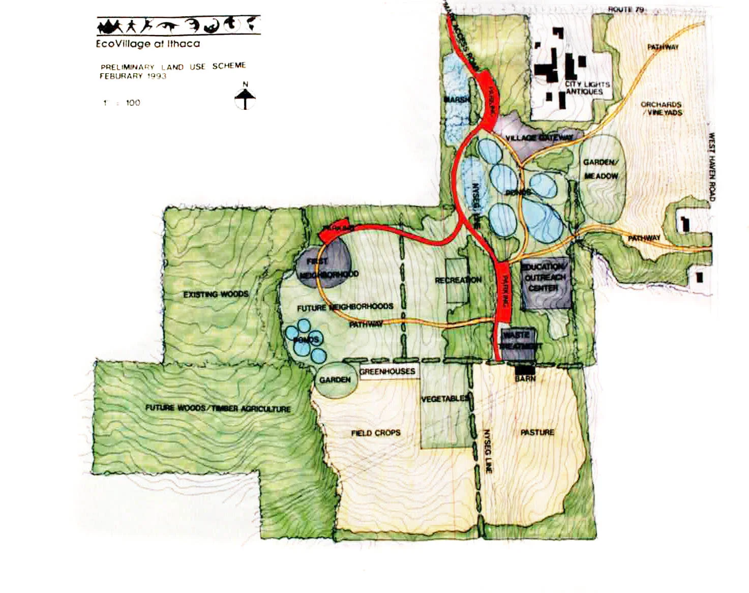 Ecovillage at Ithaca-Prelim-land use scheme-1993.jpg