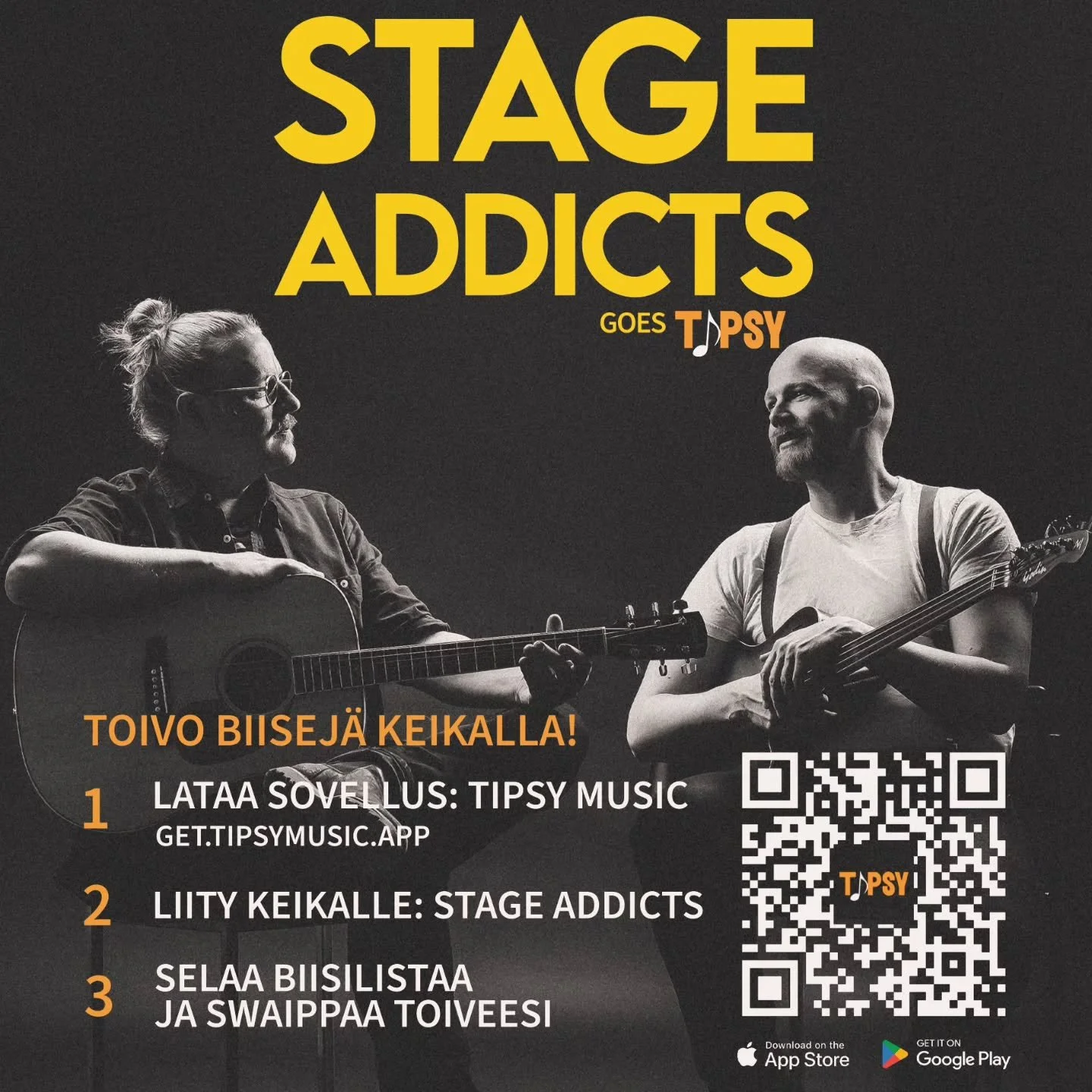 Stage Addicts goes Tipsy!

Tulevilla keikoilla on mahdollisuuden mukaan k&auml;yt&ouml;ss&auml; Tipsy-sovellus (@get.tipsymusic.app)

Siin&auml; kirjautumalla sis&auml;&auml;n, esim. Google tilill&auml;, kuulija voi "tippaamalla" toivoa bii