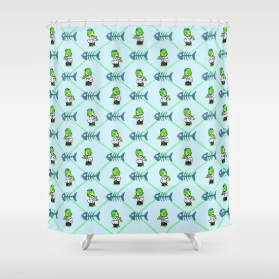 SHOWER CURTAINS Zombie Jr. shower curtains available on Society6 .