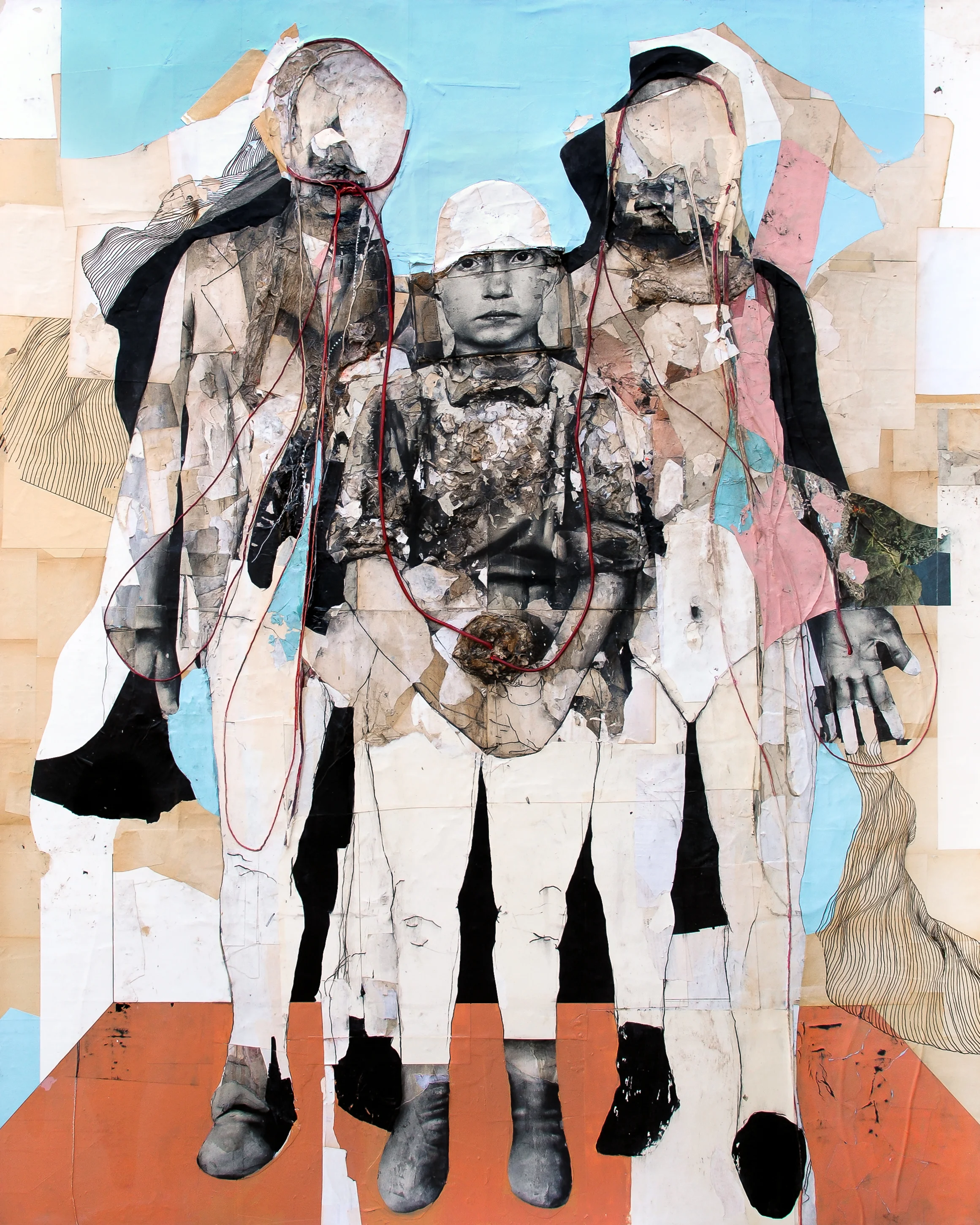 Parallel Affections / We Are Demons. Charcoal, acrylic, oil, shellac, cloth and string on paper mounted to canvas. 2017.