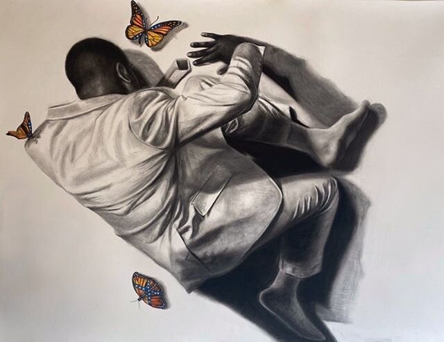 &ldquo;I Reminisce.&quot; By @tylonn.j.sawyer 
In some belief systems, butterflies are a symbol of reincarnation. I have confederate butterflies gently perched on and around the figure as symbols of persistent phylogenesis of racism in America.
#figu