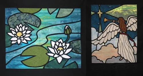 "Water Lilies" and "The Herald," projects for the "Fusible Thread Stained Glass" workshop.