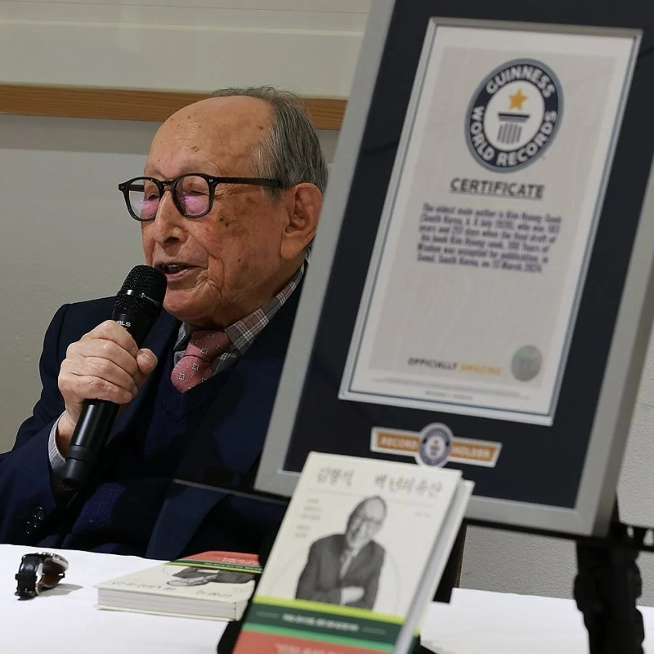 Kim Hyung-seuk of South Korea holds the Guinness World Record for becoming the oldest (male) author at the age of 103, when he published 100 Years of Wisdom.