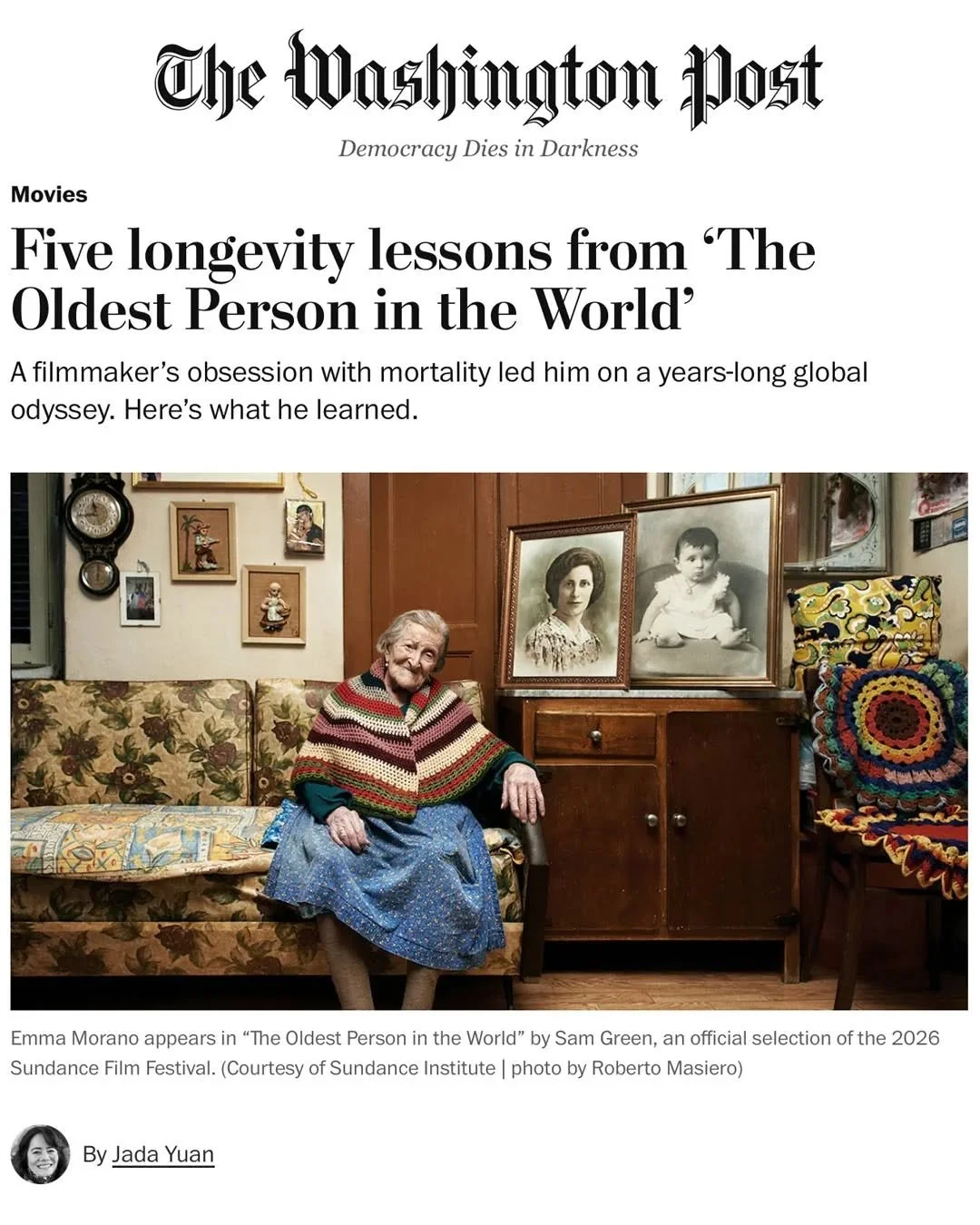 @washingtonpost&rsquo;s Jada Yuan (@alphajad) spoke to director Sam Green about lessons learned from THE OLDEST PERSON IN THE WORLD

https://www.washingtonpost.com/entertainment/movies/2026/01/23/oldest-person-in-the-world/

@sam_b_green @abfdc @mrjo