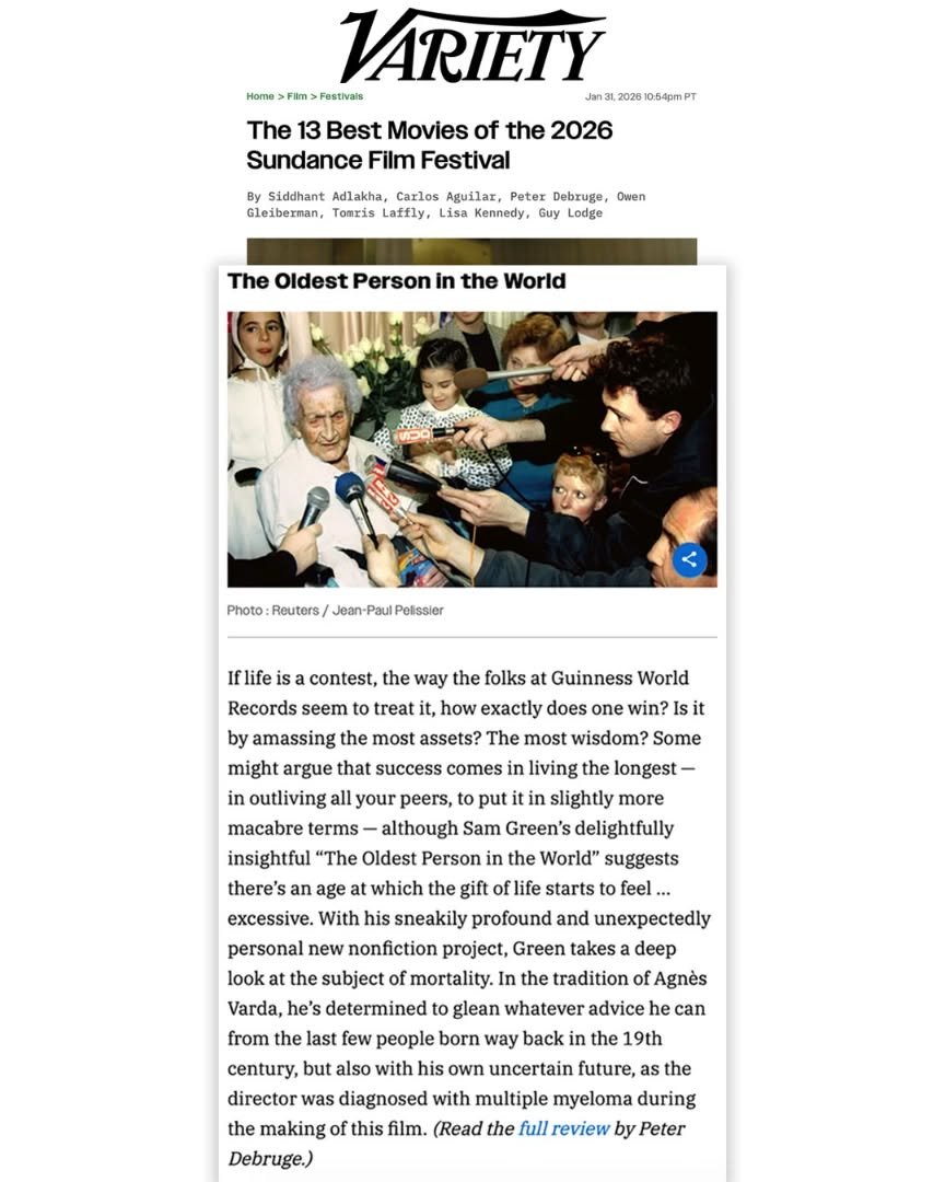Thank you to @variety for picking THE OLDEST PERSON IN THE WORLD as one of &ldquo;The 13 Best Movies of the 2026 Sundance Film Festival,&rdquo; calling it &ldquo;sneakily profound and unexpectedly personal&rdquo;

#SundanceFilmFestival

https://varie