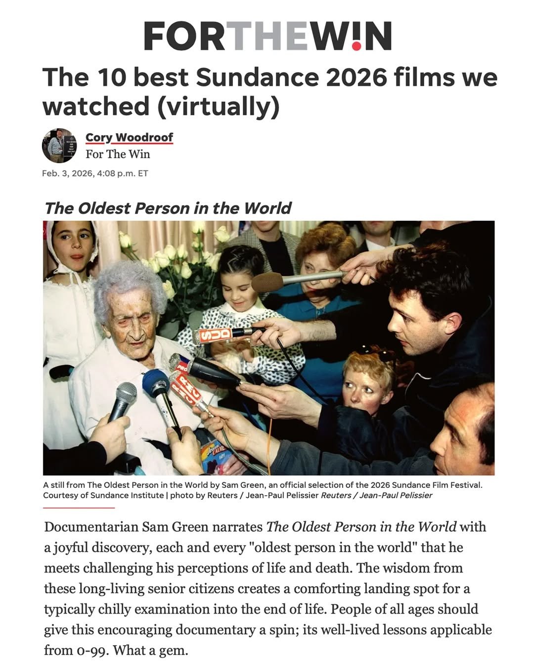 @usatoday&rsquo;s For The Win&rsquo;s Cory Woodroof picks THE OLDEST PERSON IN THE WORLD for &ldquo;The 10 best Sundance 2026 films we watched (virtually)&rdquo; saying &ldquo;People of all ages should give this encouraging documentary a spin; its we