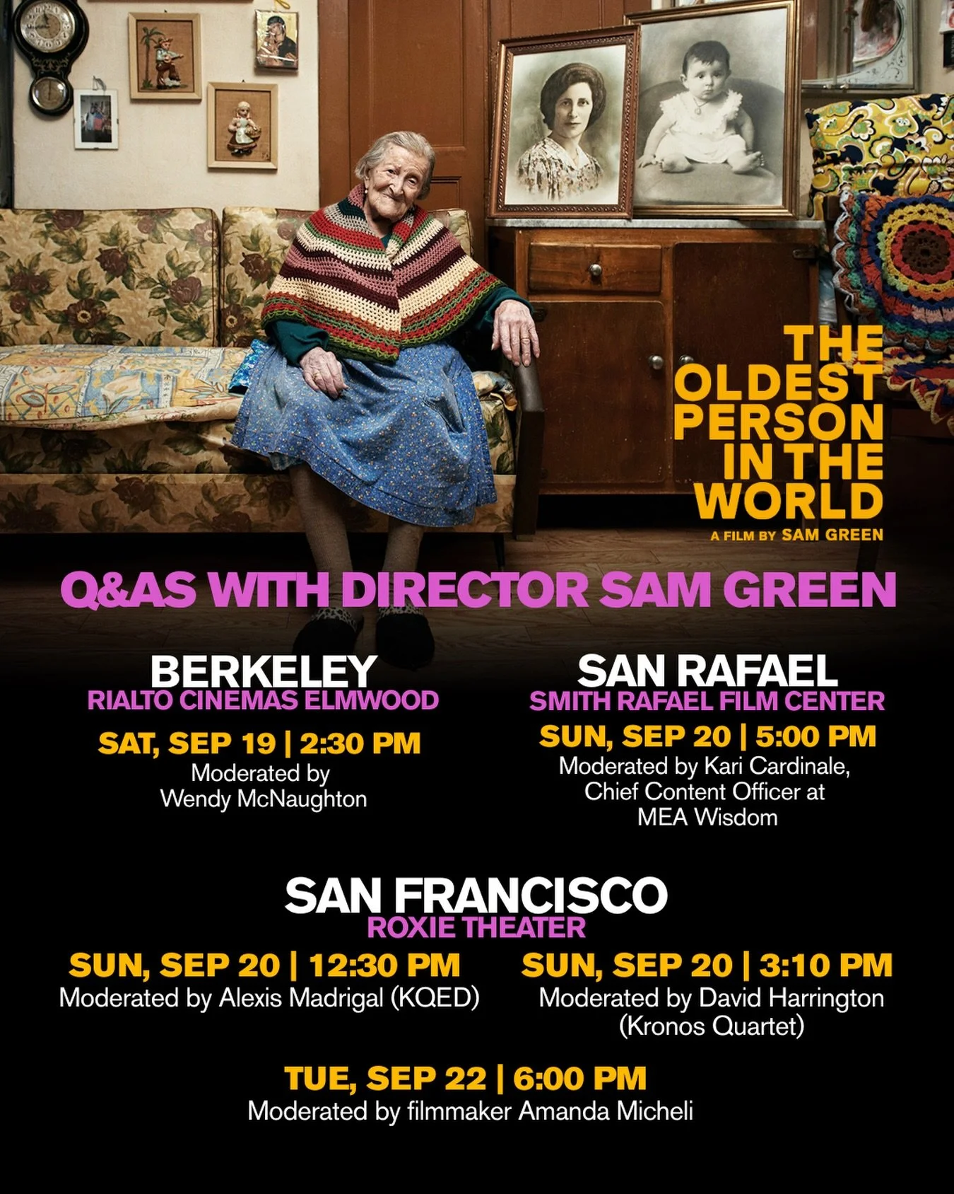 BAY AREA! @TheOldestPersonInTheWorld is screening in San Francisco, Berkeley, Sebastopol and San Rafael with director Sam Green in person at select screenings!

&ldquo;Charming and often moving&hellip;makes us contemplate our own time on earth&rdquo;