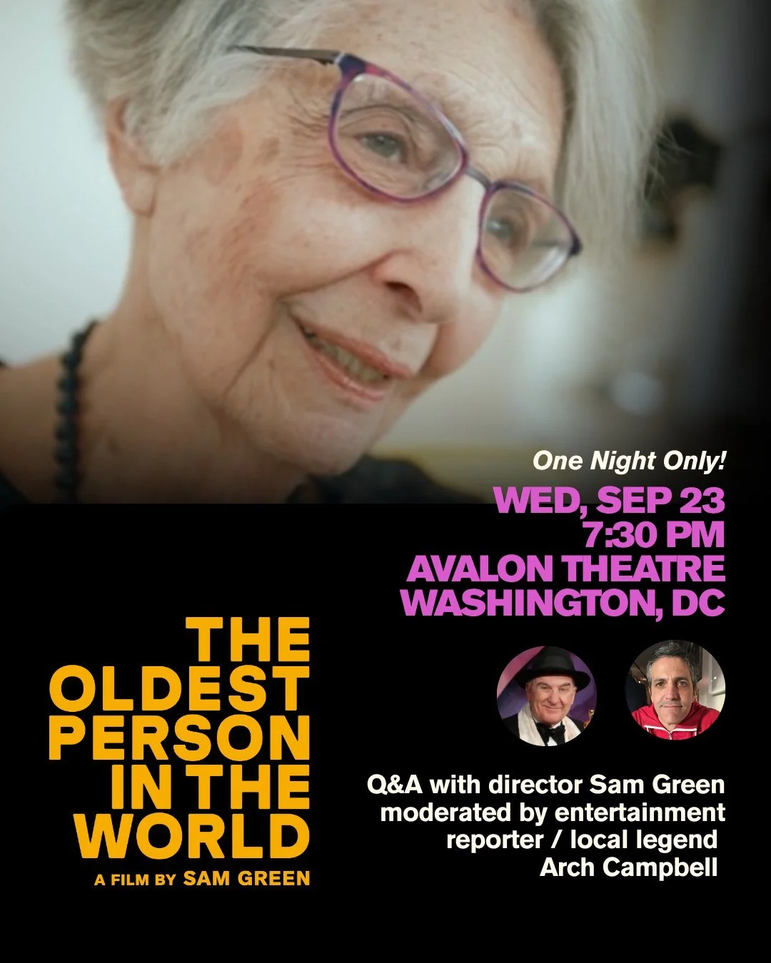 WASHINGTON, DC! Sam Green's Sundance hit documentary THE OLDEST PERSON IN THE WORLD is screening at @theavalondc this Wednesday and there will be director Q&amp;A! 

&ldquo;So full of life.&rdquo; &ndash; G. Allen Johnson, SF Chronicle
&ldquo;A beaut