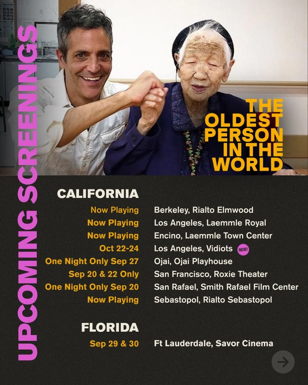 Come one, come all! @theoldestpersonintheworld is adding more theaters daily! ✨🍿 here&rsquo;s the latest list of where you will find @sam_b_green&rsquo;s life-affirming Sundance gem.