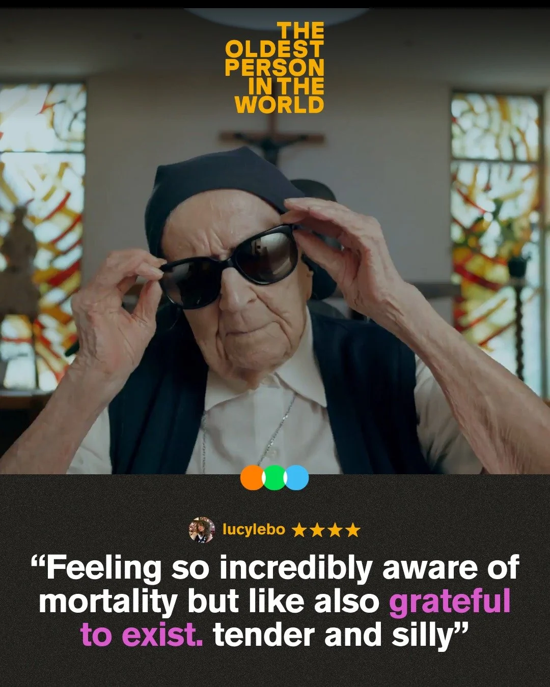 We come to this place... to feel grateful to exist. 🍿 🫶 Sam Green's life-affirming, critically-acclaimed doc THE OLDEST PERSON IN THE WORLD is reminding moviegoers across the country to make the most of the years we have. 

🎟️ TheOldestPerson.com