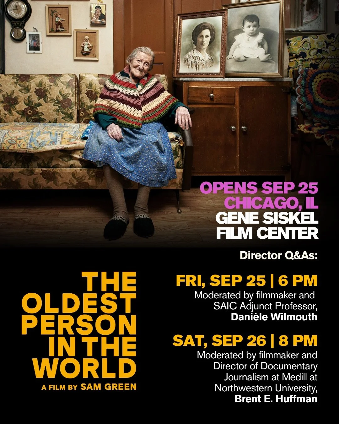 @theoldestpersonintheworld opens Friday in Chicago at Gene Siskel @filmcenter! ✨Academy Award nominated director Sam Green (32 SOUNDS, THE WEATHER UNDERGROUND) will appear in person for two Q&amp;As and tickets are on sale now! 

&ldquo;An unexpected