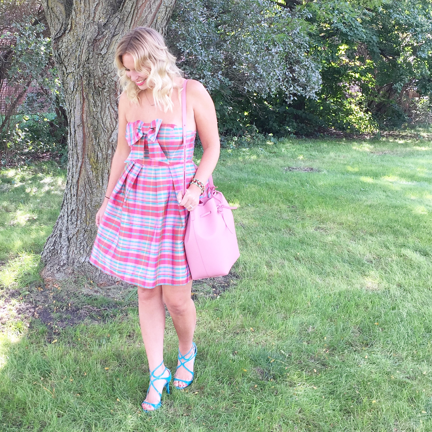 Eva Franco dress from Anthropologie, Mansur Gavriel bag, Jimmy Choo shoes.