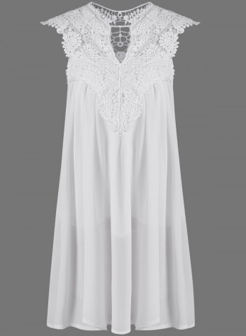 Crochet Lace Insert Ruched Dress - White