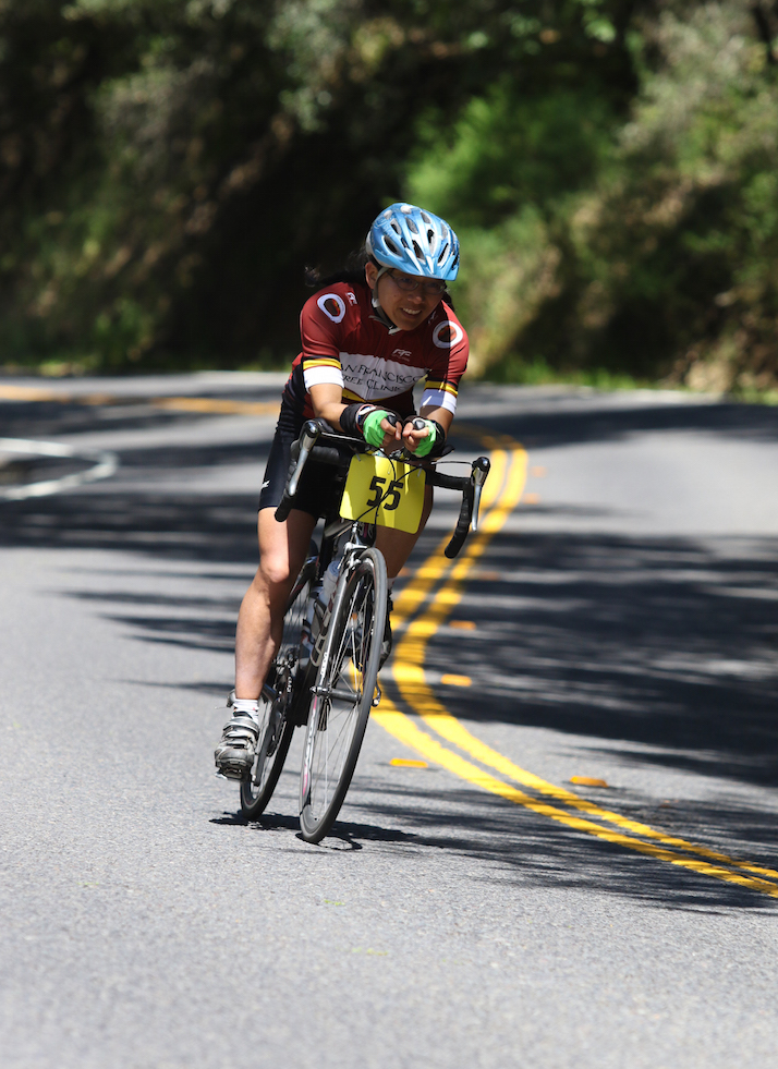TEAM LEADER LILY HUANG TAKES A TIGHT CURVE TOPPING 30 MILES PER HOUR.