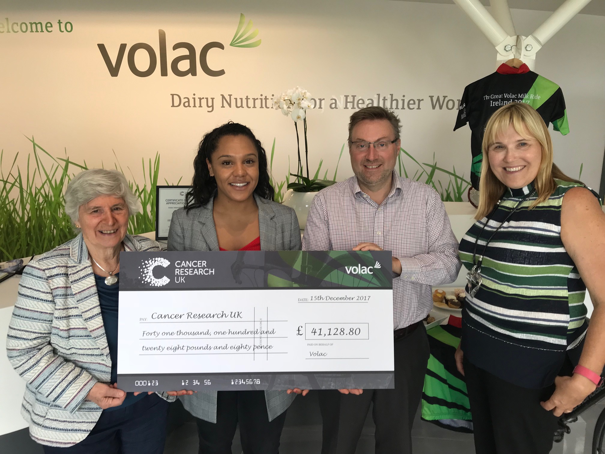 From L-R are pictured: Jane Neville (The Betty Lawes Foundation), Cally Cardines (Cancer Research UK), David Neville - Managing Director – Animal Nutrition (Volac), and Jackie Bradley- Regional Product Manager – Animal Nutrition (Volac).