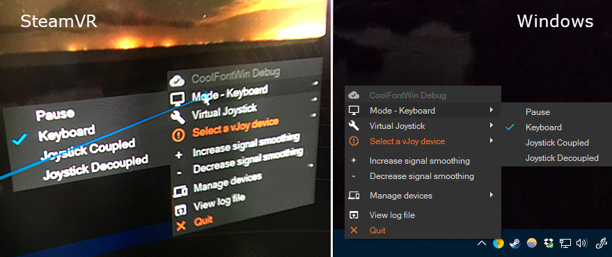 Left: VR interface seen through HTC Vive running SteamVR. Right: Regular Windows interface.
