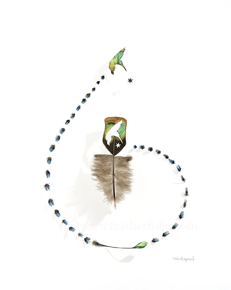 Emerald Star Star . 15" x 12" . ocellated turkey feather and tiny feathers from a peacock