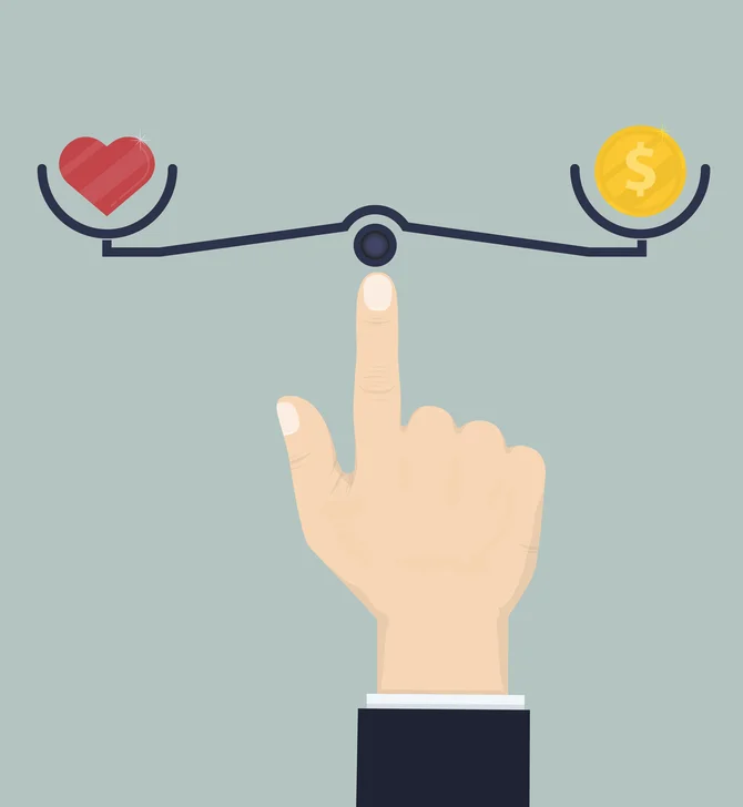 Human hand with heart sign and money coin icon.Smart love and Smart life concept.Work life balance concept.Vector illustration.