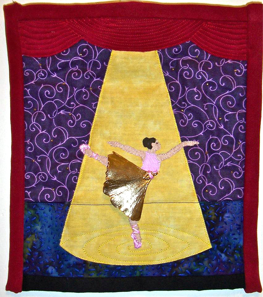  Dancer  Appliqué quilt with hand embroidery, beading, machine sewing and gold-dipped ginko leaf 
