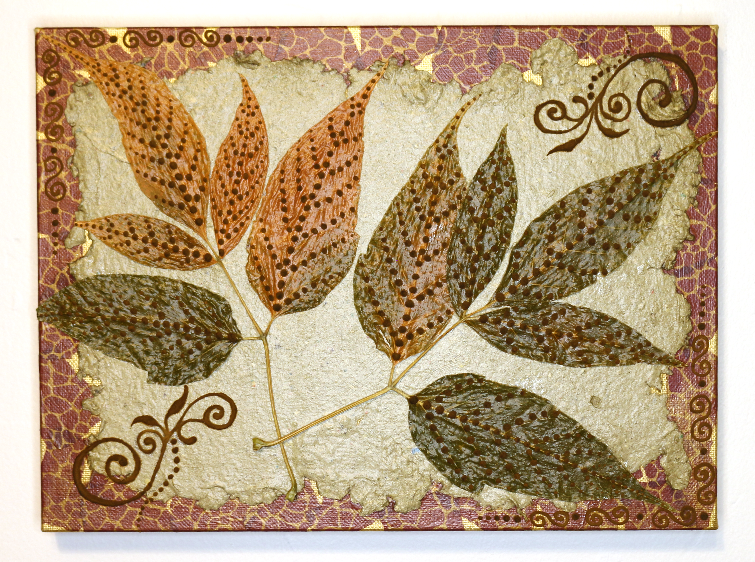  Fall Leaves  Pressed leaves, paper, acrylic and henna on canvas 