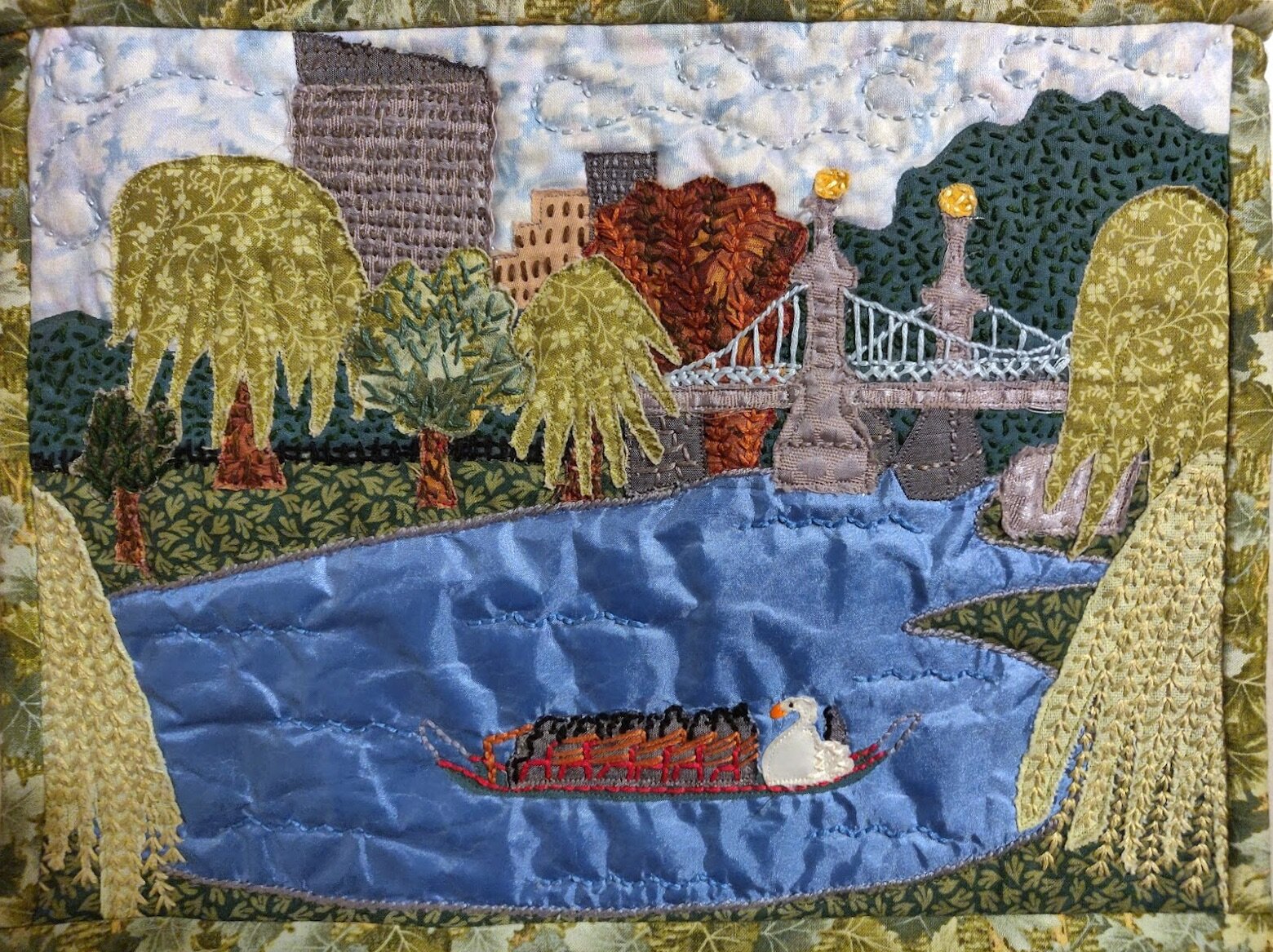  Boston Public Garden  Appliqué quilt with hand embroidery, machine sewing 