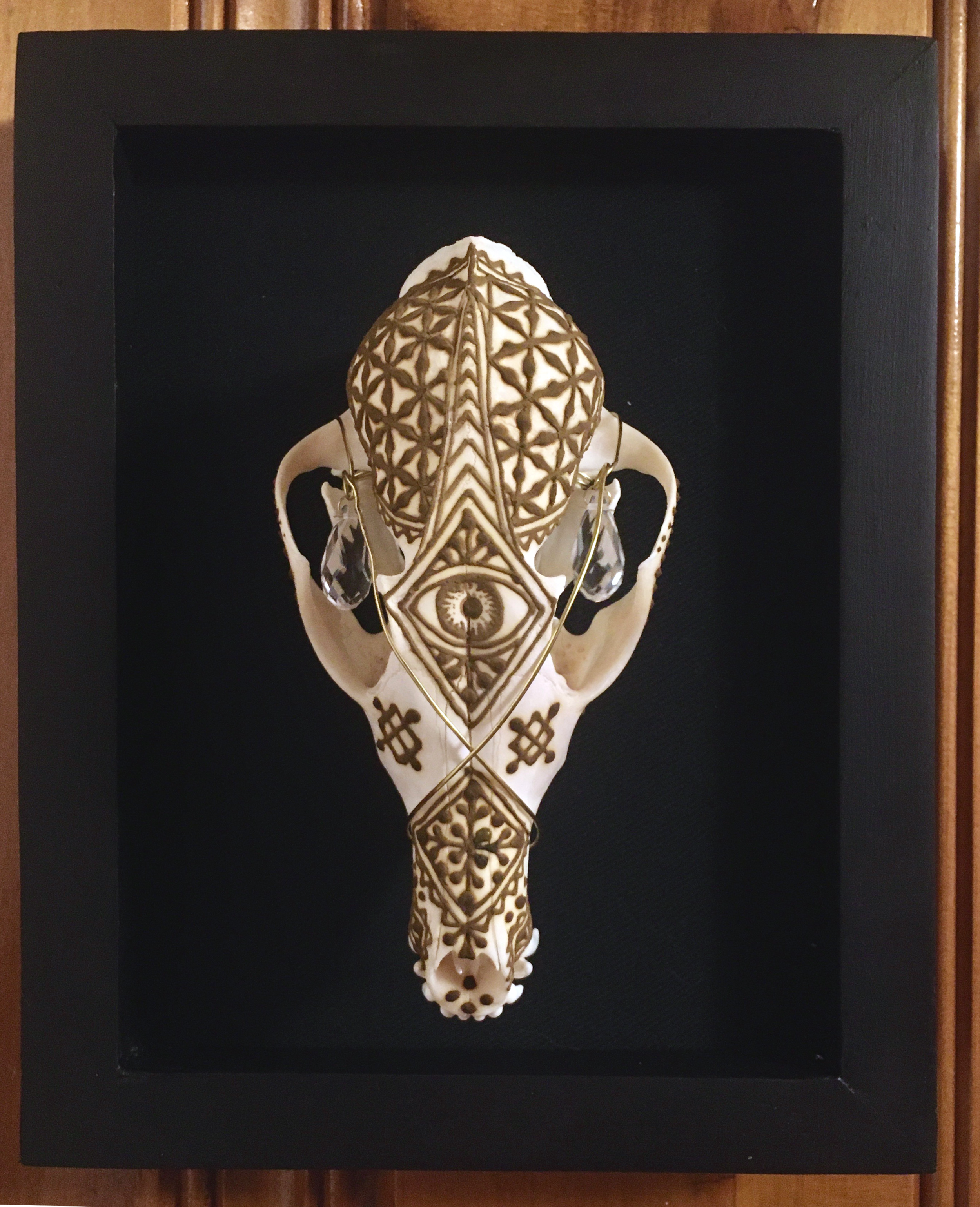  Fox Skull  Henna on bone with wire and prisms 