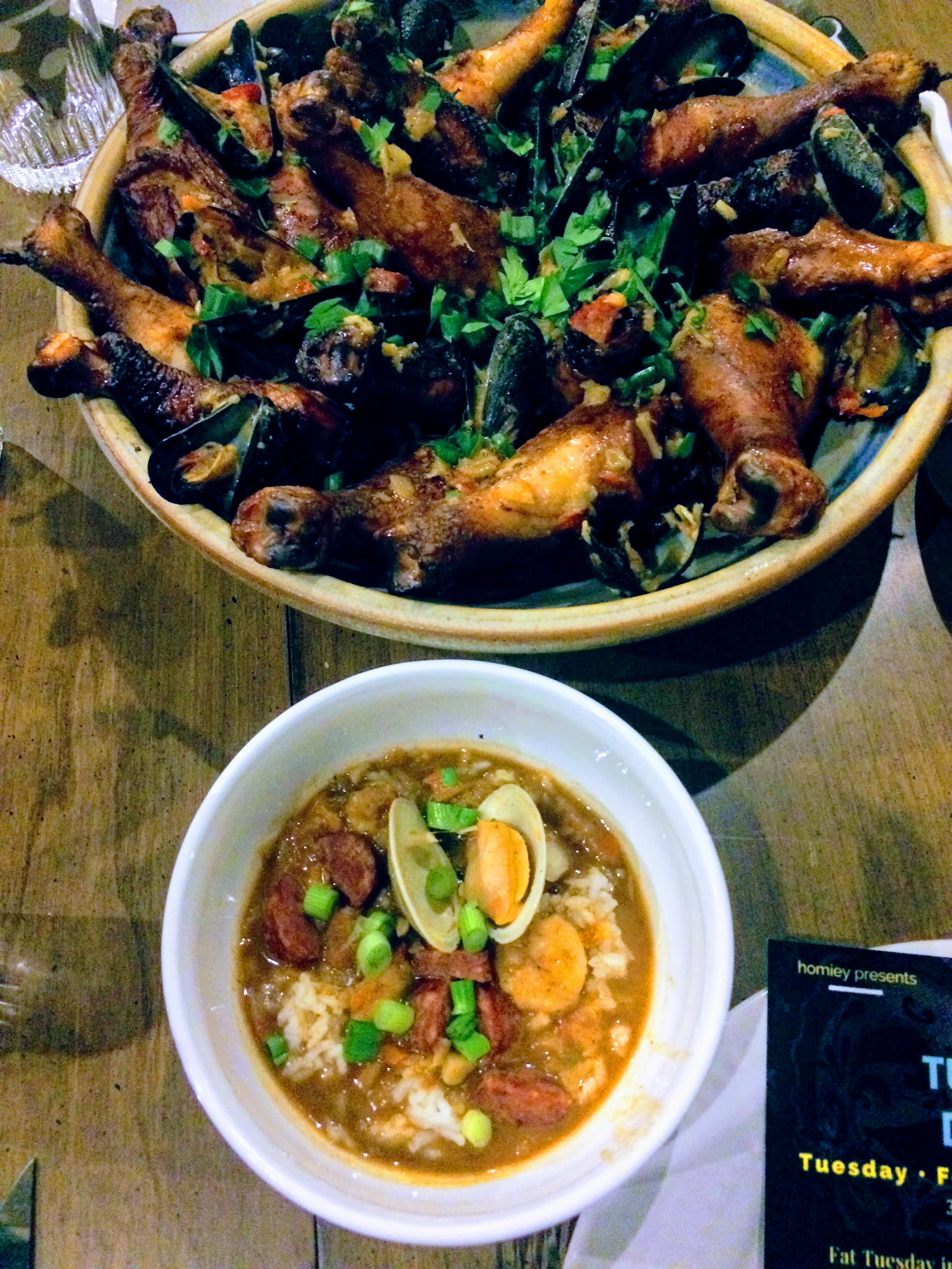 Slow smoked chicken with shrimp & andouille etouffee and gumbo.