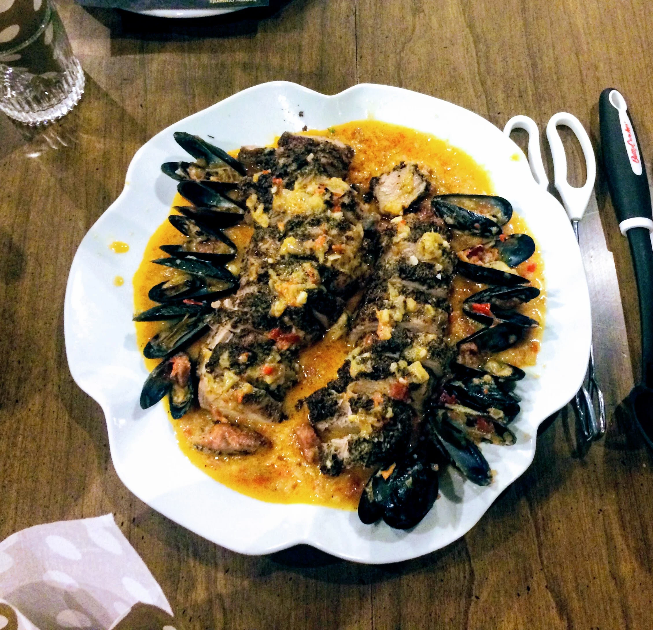 Pork tenderloin with mussels and shrimp & andouille etouffee.