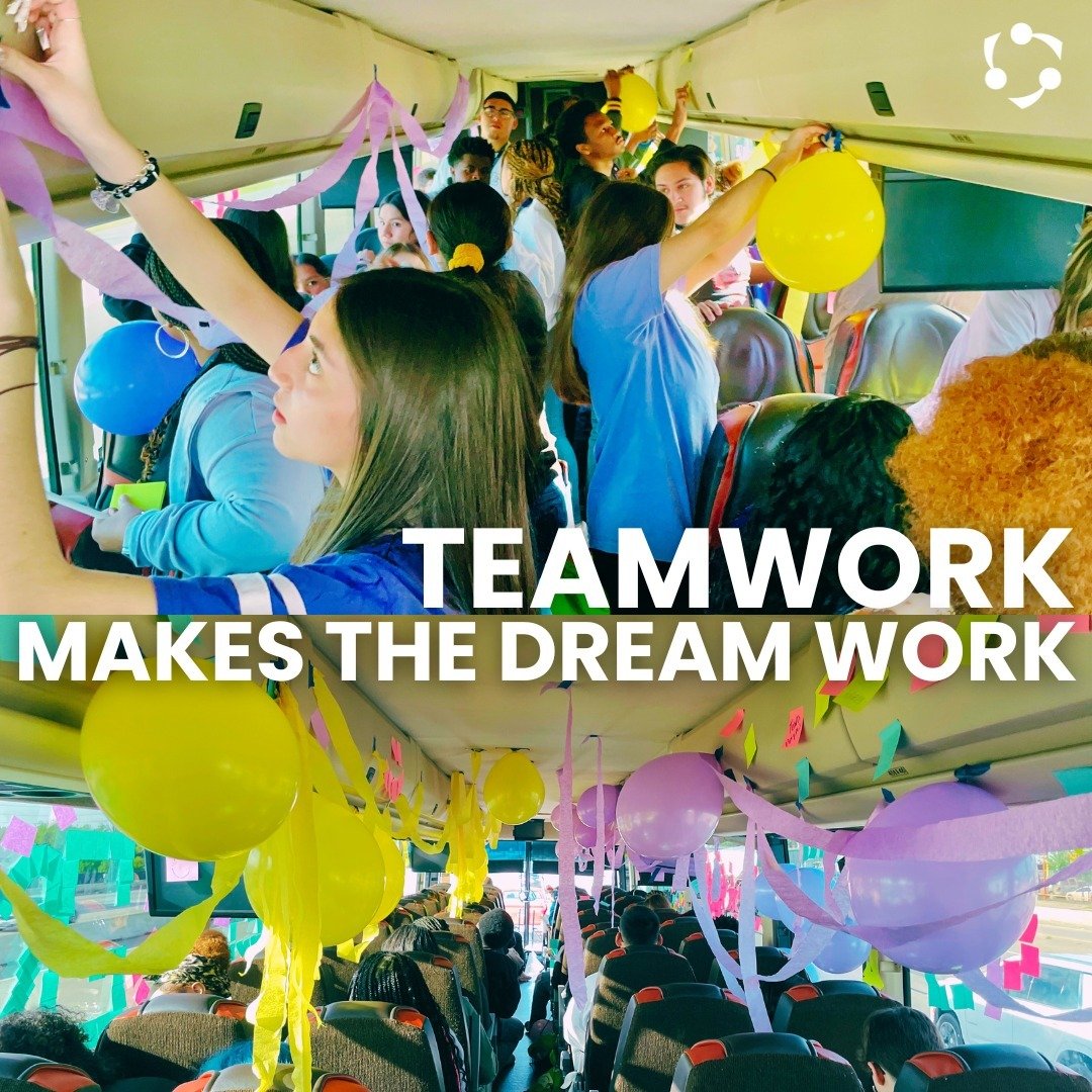 🙌 A friendly #FOCUSFriday reminder: Teamwork makes the dream work! 

📸 Pictured: Lufkin Spring 1-Day College Bus Tour ➡️ Students putting up bus decorations for their respective color team and the finished decor, complete with purple/yellow balloon