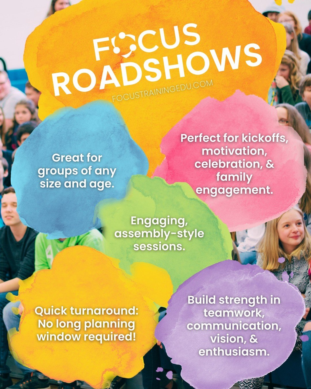 Interactive, high-impact, and designed to inspire every student. 

Bring the energy to your students with a FOCUS College Ready Roadshow! 🎤💥

🔵 🟢 🟠
#FOCUSTRAININGEDU #StudentAssembly #PepRally #GEARUPworks #TRIOworks
