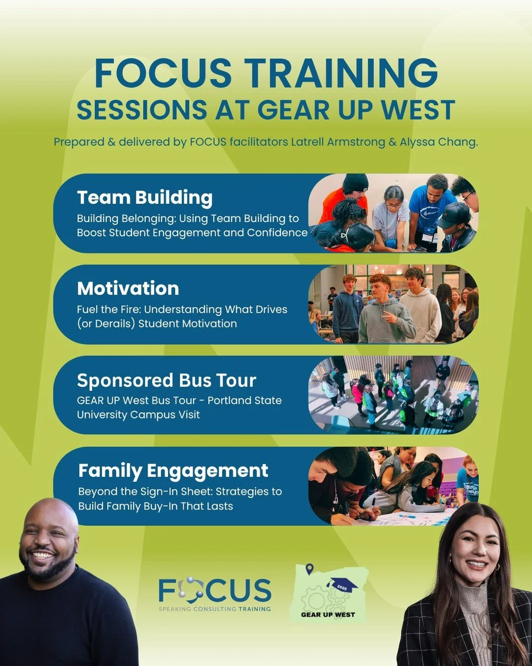 In case you missed it! 👏

FOCUS Training brought the energy to GEAR UP West 2025, delivering four powerful sessions including sponsoring the GEAR UP West Bus Tour at Portland State University! 🎓

Big thanks to Latrell and Alyssa for representing th