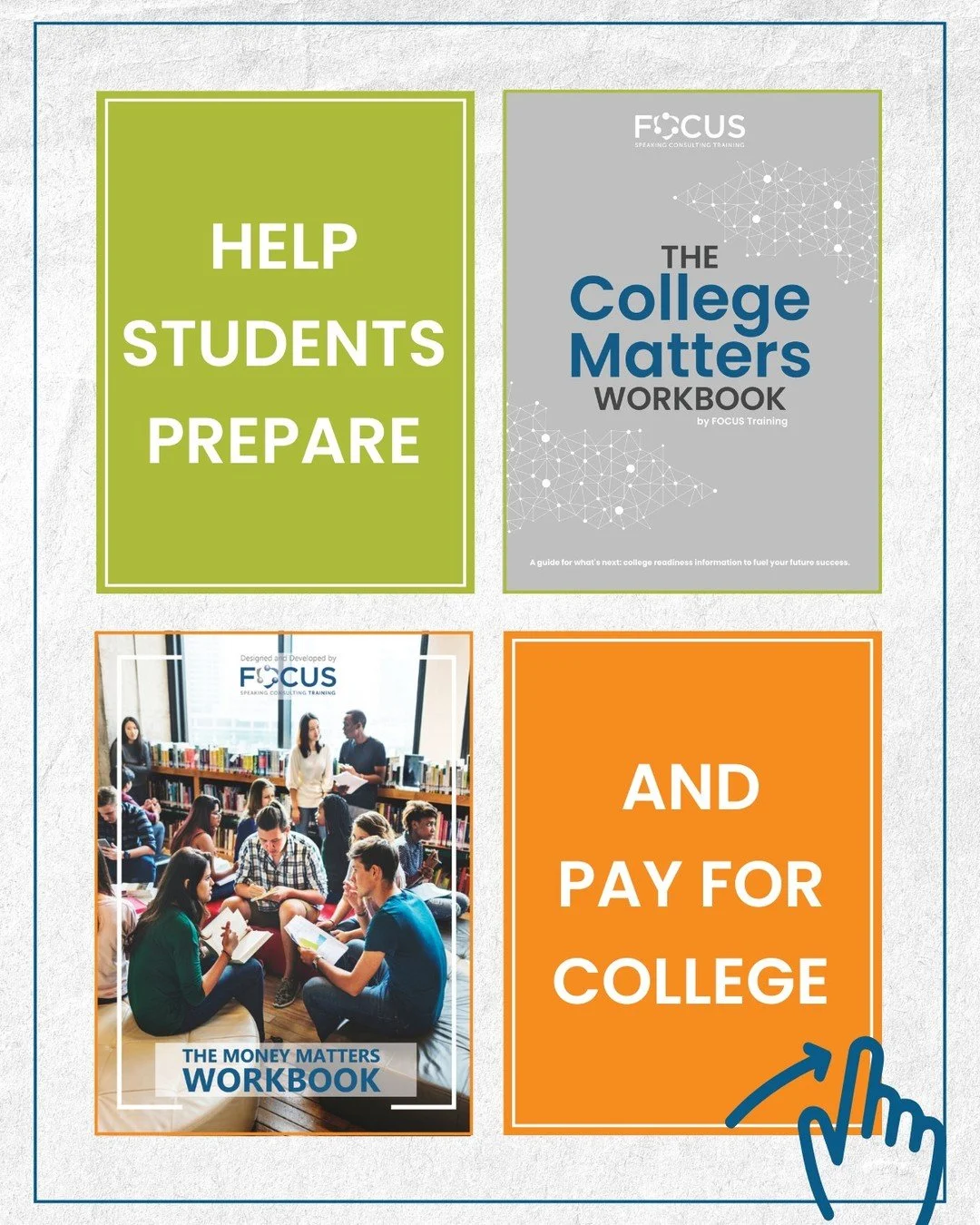 We offer two workbooks to help your students prepare and pay for college! ⬇️ 

🎓 The College Matters Workbook: Guide students through the #CollegeExperience, from admissions and financial aid to finding the right fit. Now featuring the FOCUS Learnin