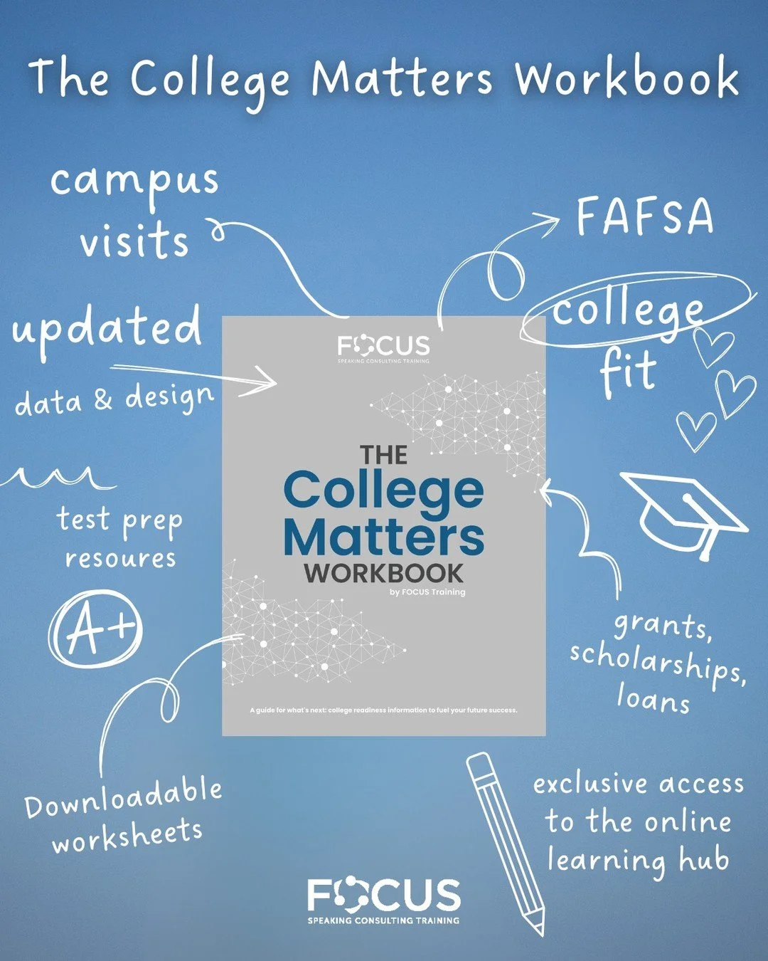Navigate the college-going process with confidence. 🎓

Ask about a demo of The FOCUS Learning Hub, an online companion exclusive to The College Matters Workbook Second Edition, featuring downloadable worksheets and easy access to every referenced re